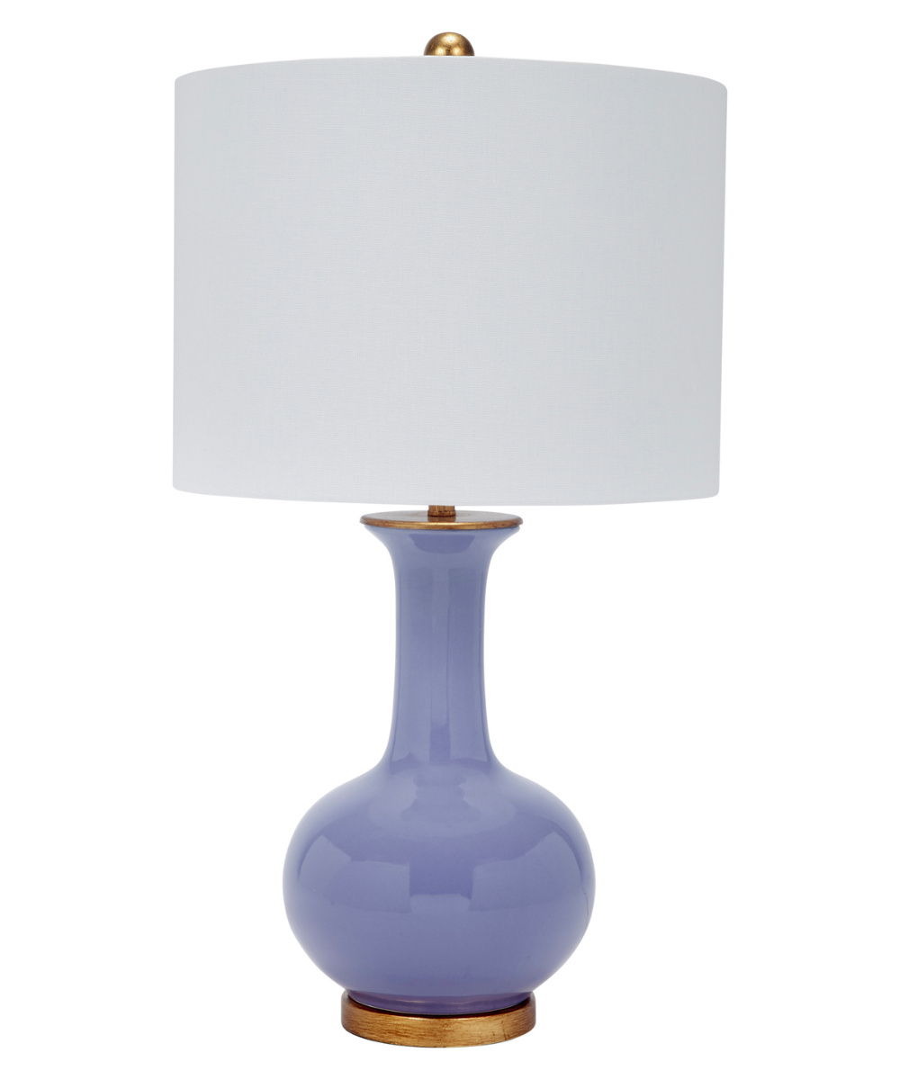 Elegant table lamp with glossy lavender ceramic gourd base, white drum shade, and gold accents, modern luxury home lighting decor.
