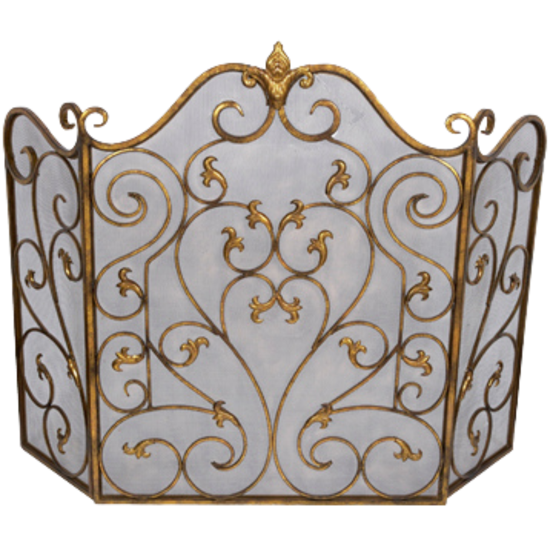 Decorative gold metal fireplace screen with ornate scrollwork and three-panel design on white background