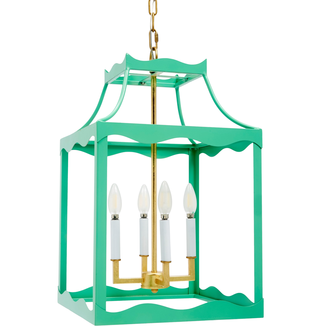 Green pagoda-style lantern chandelier with gold candelabra bulbs on white background