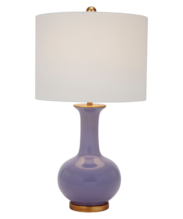 Elegant table lamp with glossy lavender ceramic gourd base, white drum shade, and gold accents, modern luxury home lighting decor.