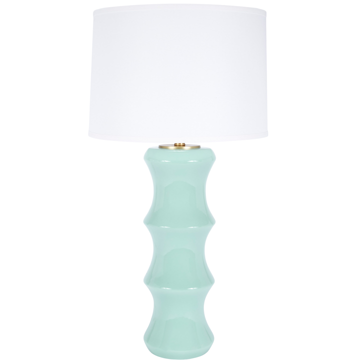 Mint ceramic bamboo-style table lamp with white drum shade on white background