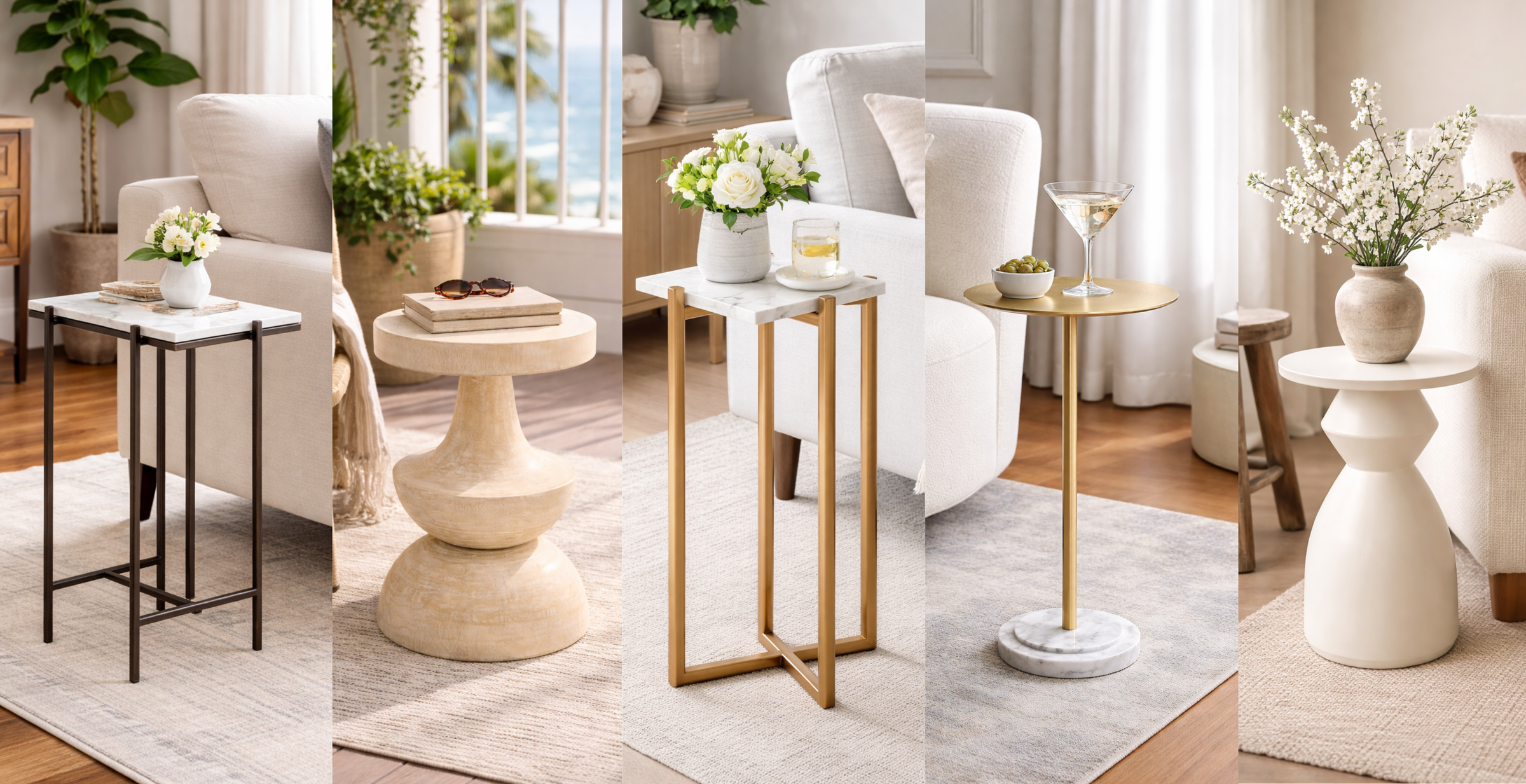 Collage of various side tables in a living room setting with decorative elements.
