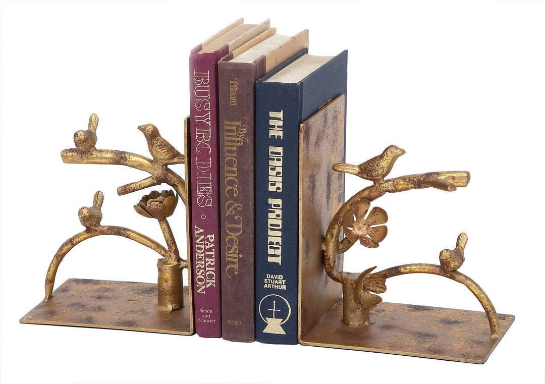 Gold nesting bird bookends with curved base, set of 2.