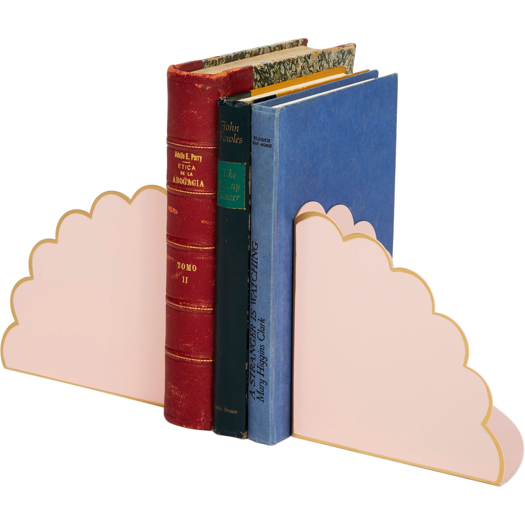 Elegant Eloise scalloped bookends in blush with gold accents, perfect for shelves, desks, or decorative displays.