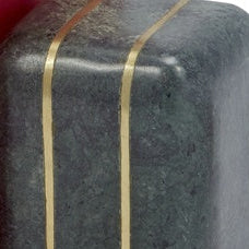 A set of four decorative bookends shaped like hardcover books, arranged to support three upright books on a white background. The bookends are dark gray with gold lines, and the center books are red and navy blue with gold lettering.