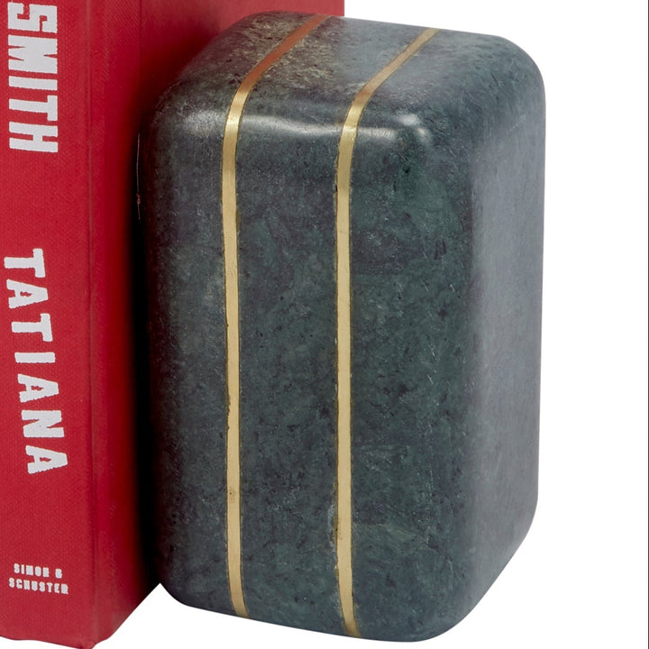 Green marble bookend with brass inlay stripe, rounded rectangular end