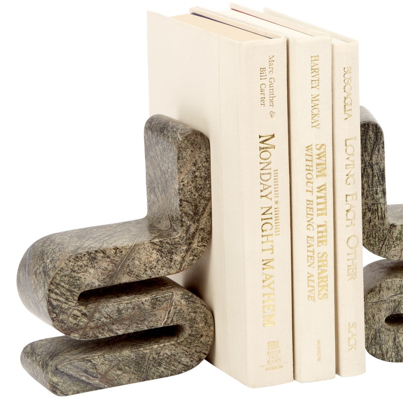 Curved stone-look bookends with open book support, three-book view