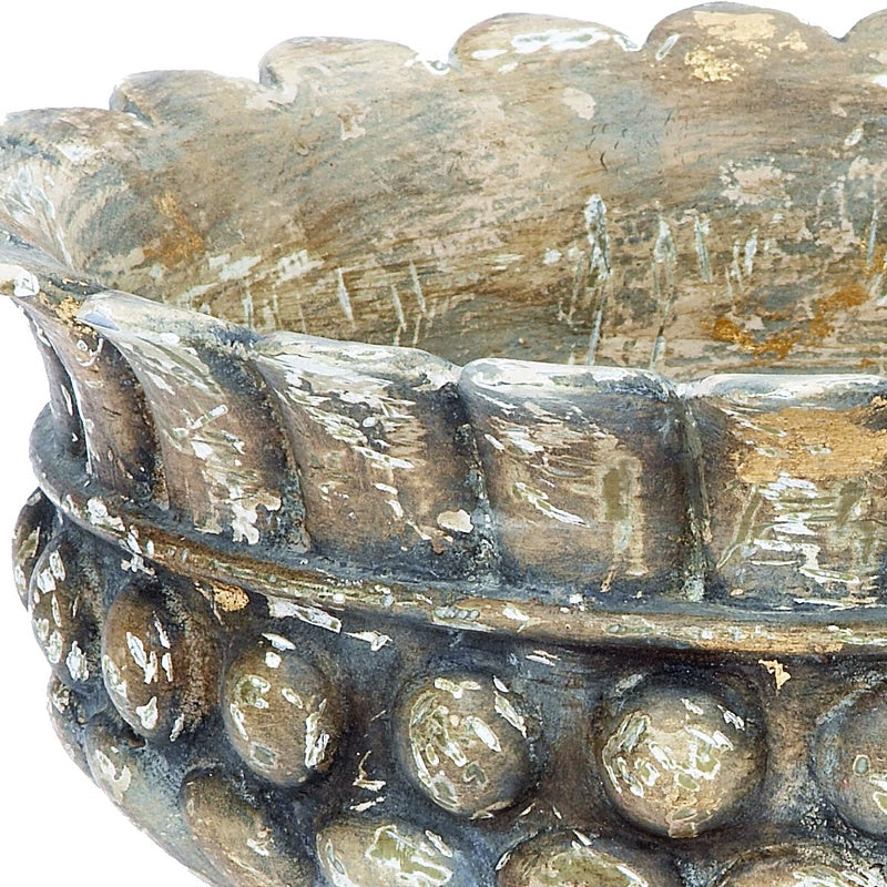 Pompeii bowl with weathered gray stone look and gold flecked relief figures