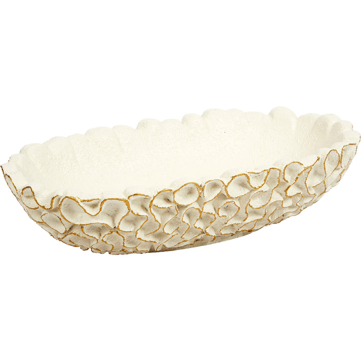White oval decorative bowl with raised swirl texture and gold-gilded accents