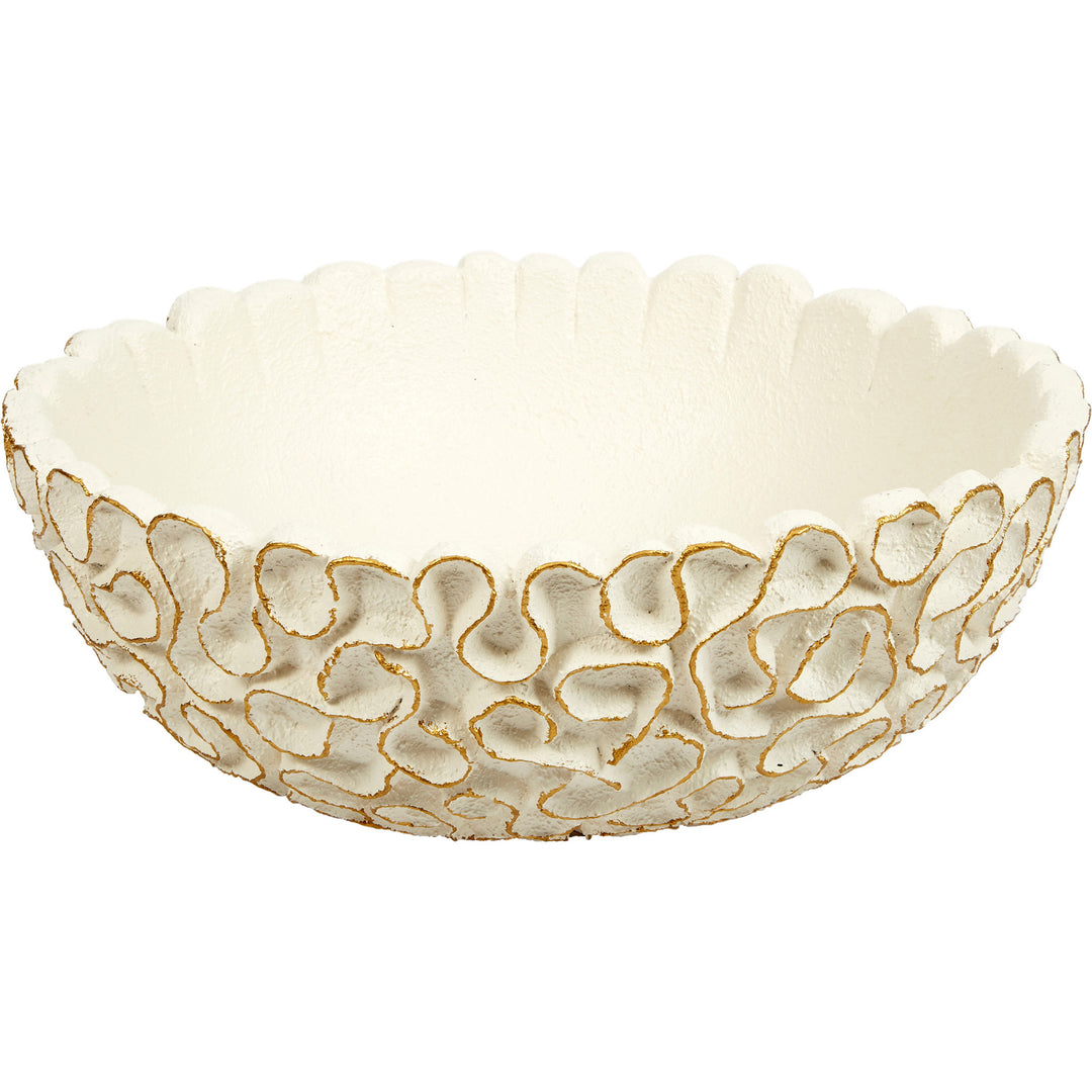 Elegant round white swirl bowl featuring gold accents, perfect for tabletops, dining tables, or decorative displays.