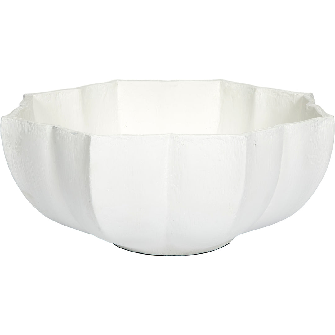 White decorative bowl with ridged, gesso-style texture and fluted rim
