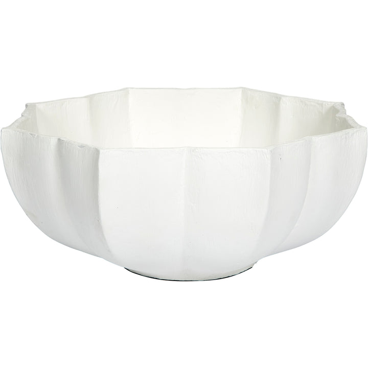 White decorative bowl with ridged, gesso-style texture and fluted rim