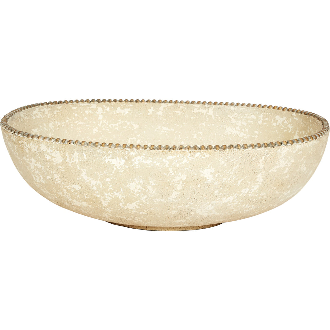 Oval decorative bowl with beige speckled finish and aged gold beaded rim