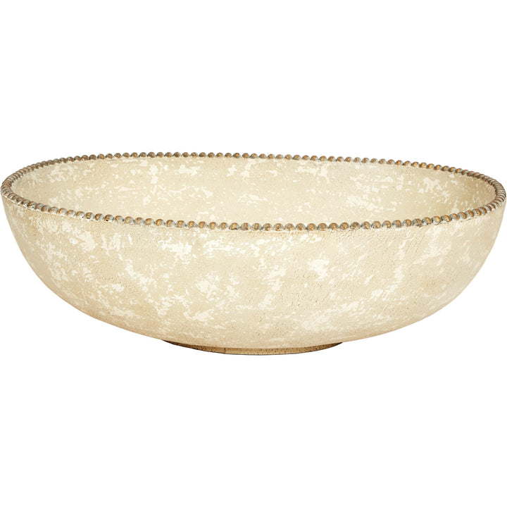 Oval decorative bowl with beige speckled finish and aged gold beaded rim