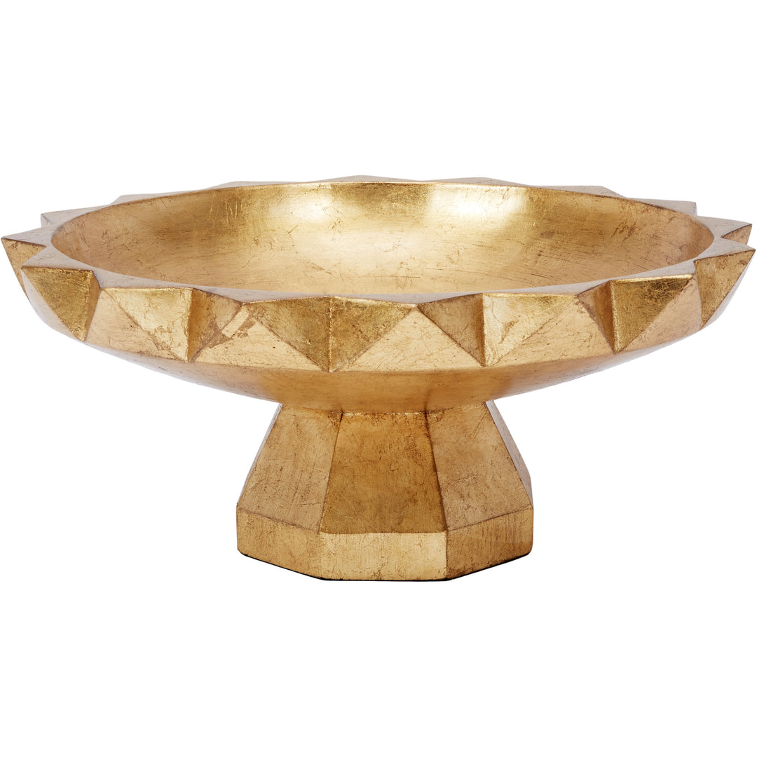 Decorative gold leaf bowl with faceted geometric sides and pedestal base