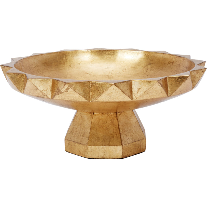 Decorative gold leaf bowl with faceted geometric sides and pedestal base
