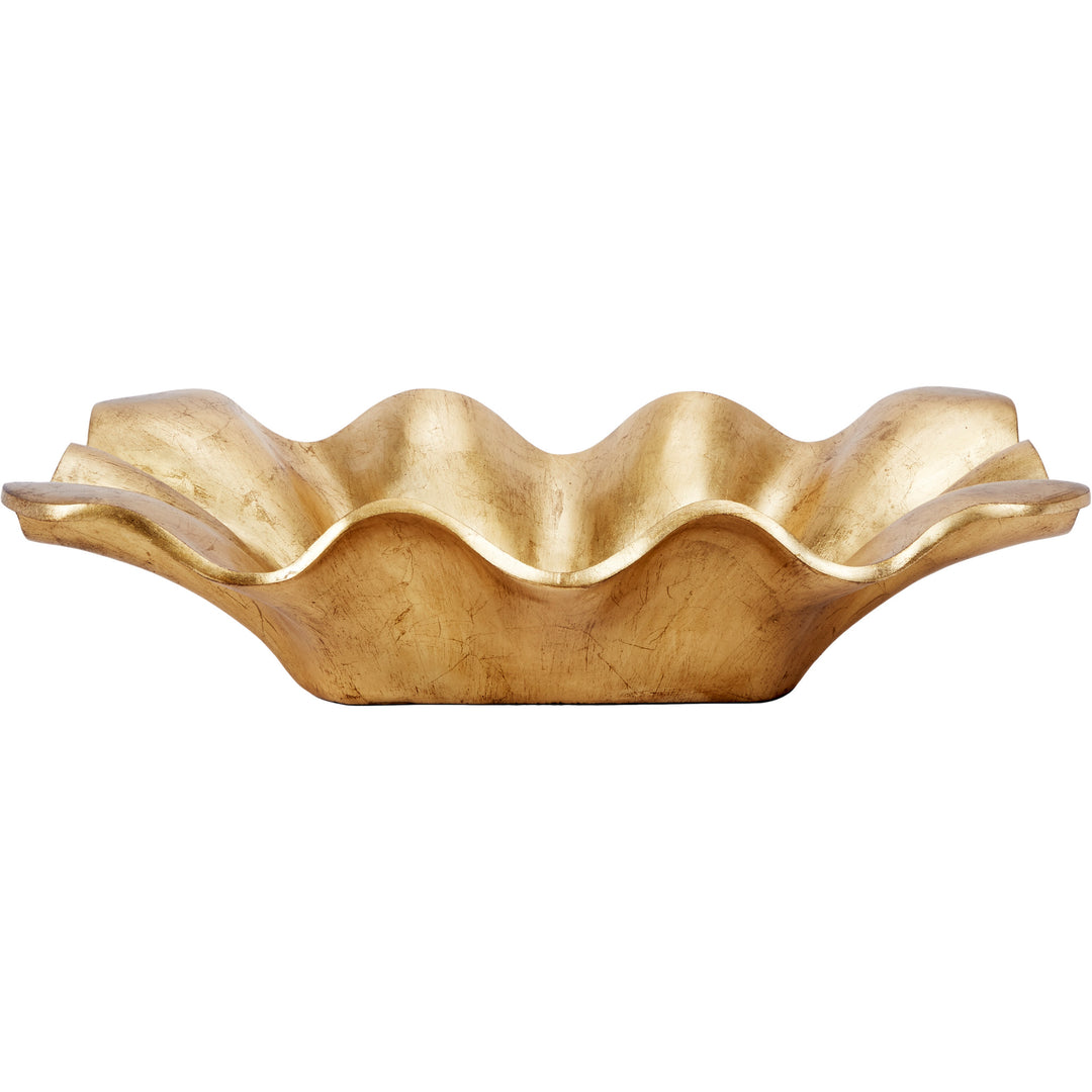 Gold decorative bowl with wavy scalloped rim, gold leaf finish