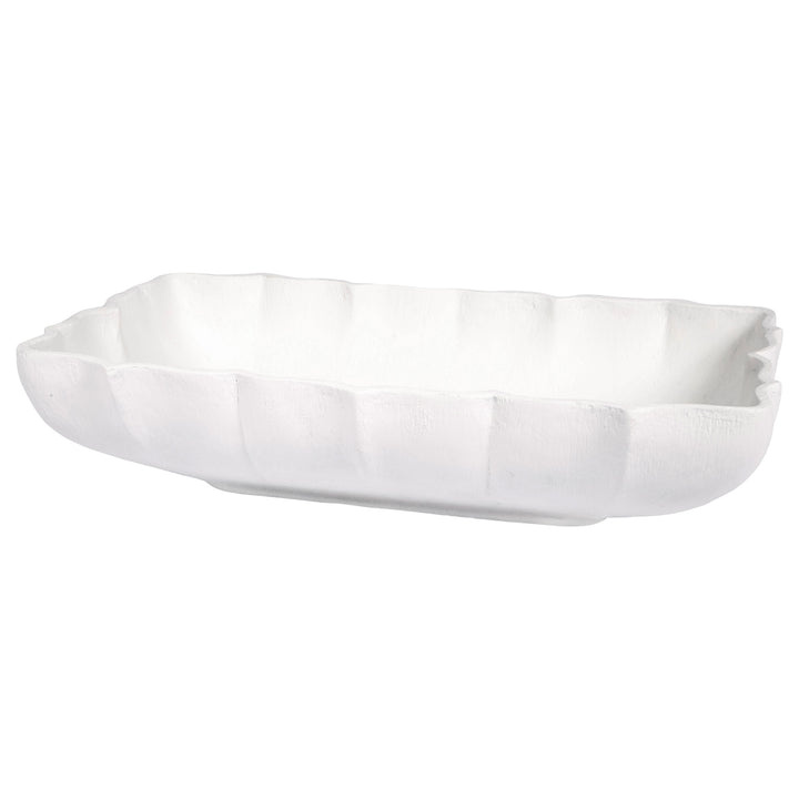 White rectangular gesso decorative bowl with folded rim and crinkled texture