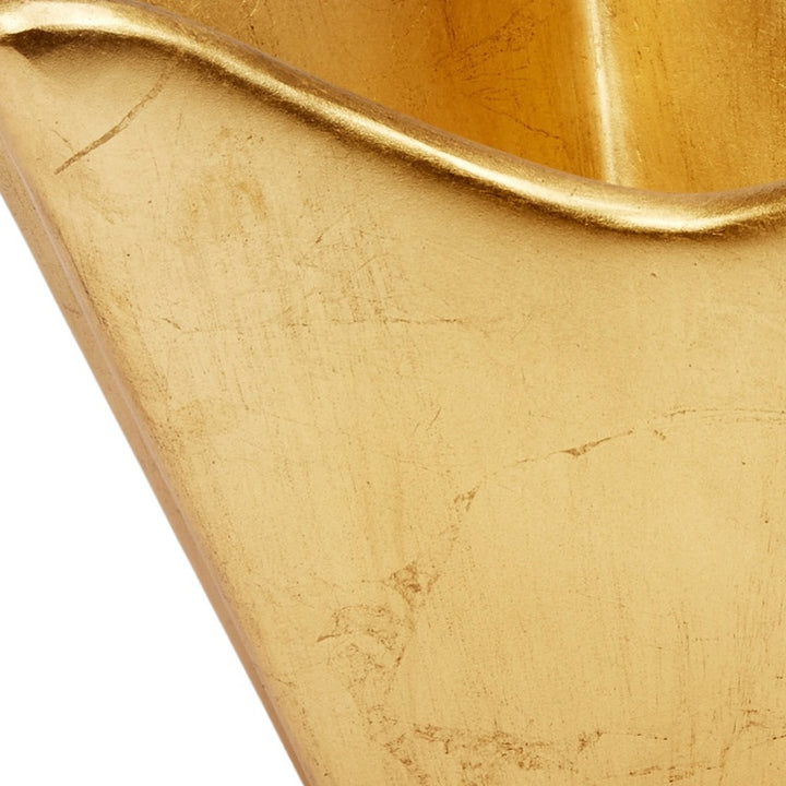 Gold leaf decorative bowl rim close-up, smooth scalloped interior