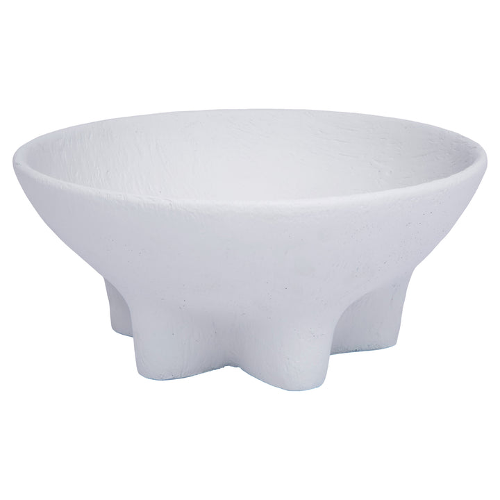 White decorative gesso bowl with wide rim and scalloped, pedestal-like base