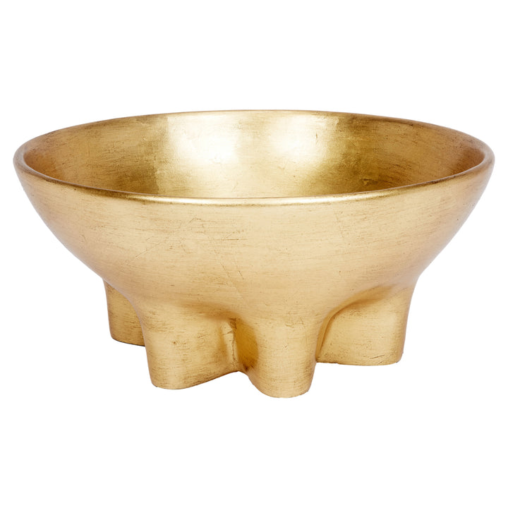 Gold decorative bowl with raised rim, leaf-textured finish and pedestal base.