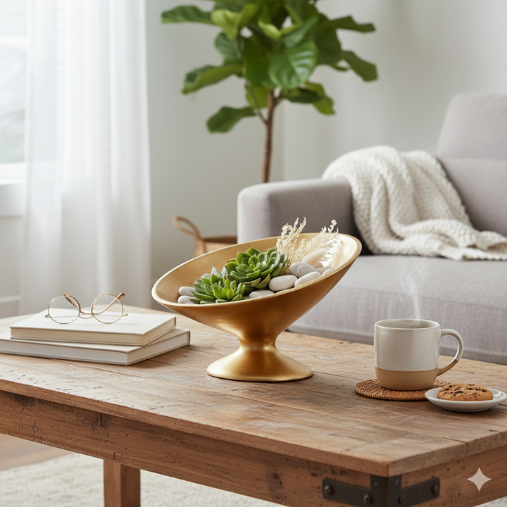 Stylish Emelia oval gold leaf bowl, adding a luxurious and sophisticated accent to any space.