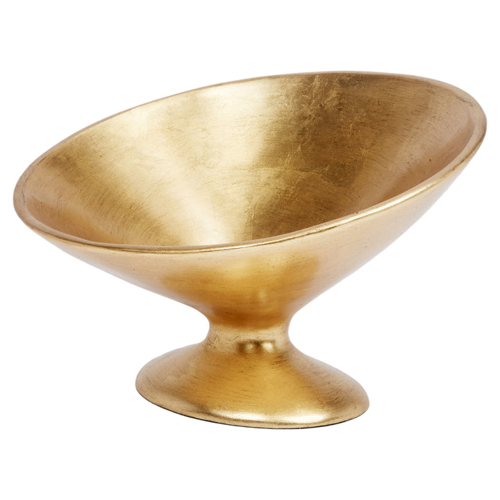 Emelia oval display bowl with gold leaf finish, perfect for coffee tables, consoles, or elegant home decor.