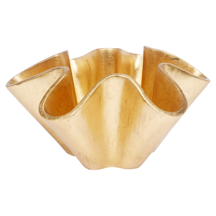 Gold wave bowl with leaf-like metallic finish and scalloped rim, open cup shape