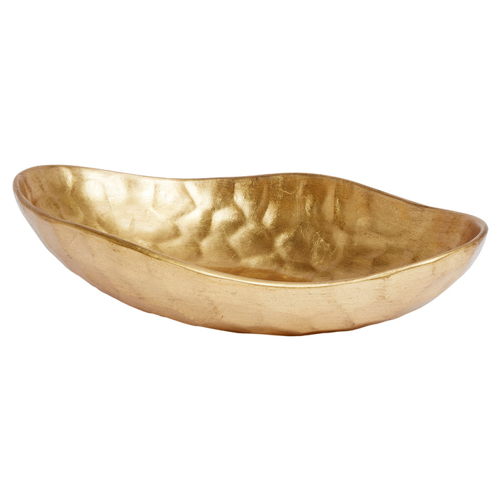 Gold decorative bowl with hammered leaf-like texture, shallow oval shape