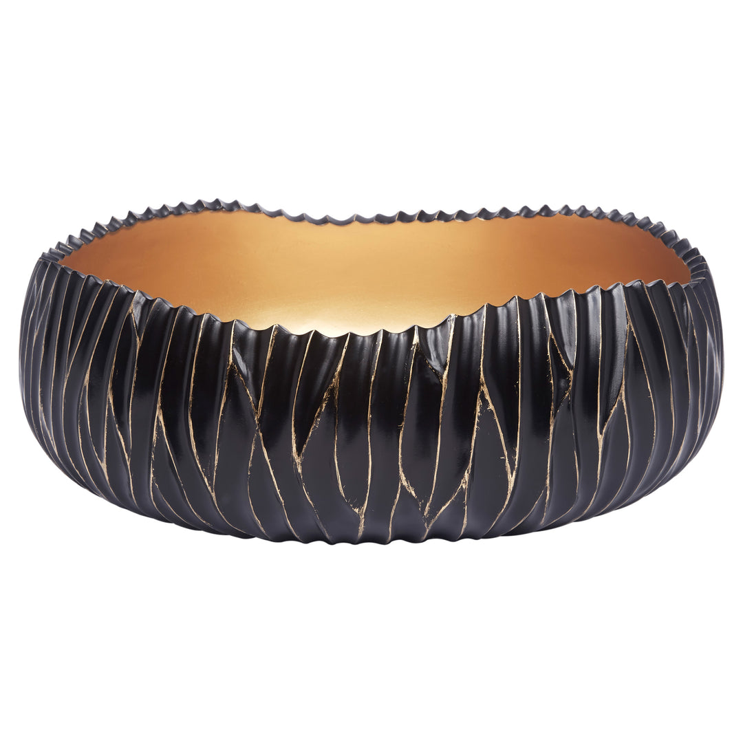 Dana black decorative bowl featuring gold accents, perfect for modern coffee tables, sideboards, or home displays.