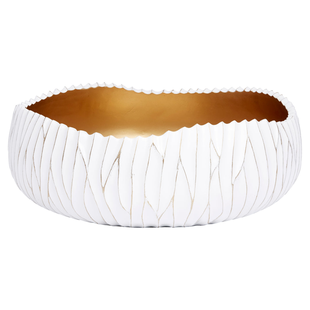 Dana white decorative bowl featuring gold accents, perfect for coffee tables, sideboards, or elegant home displays.