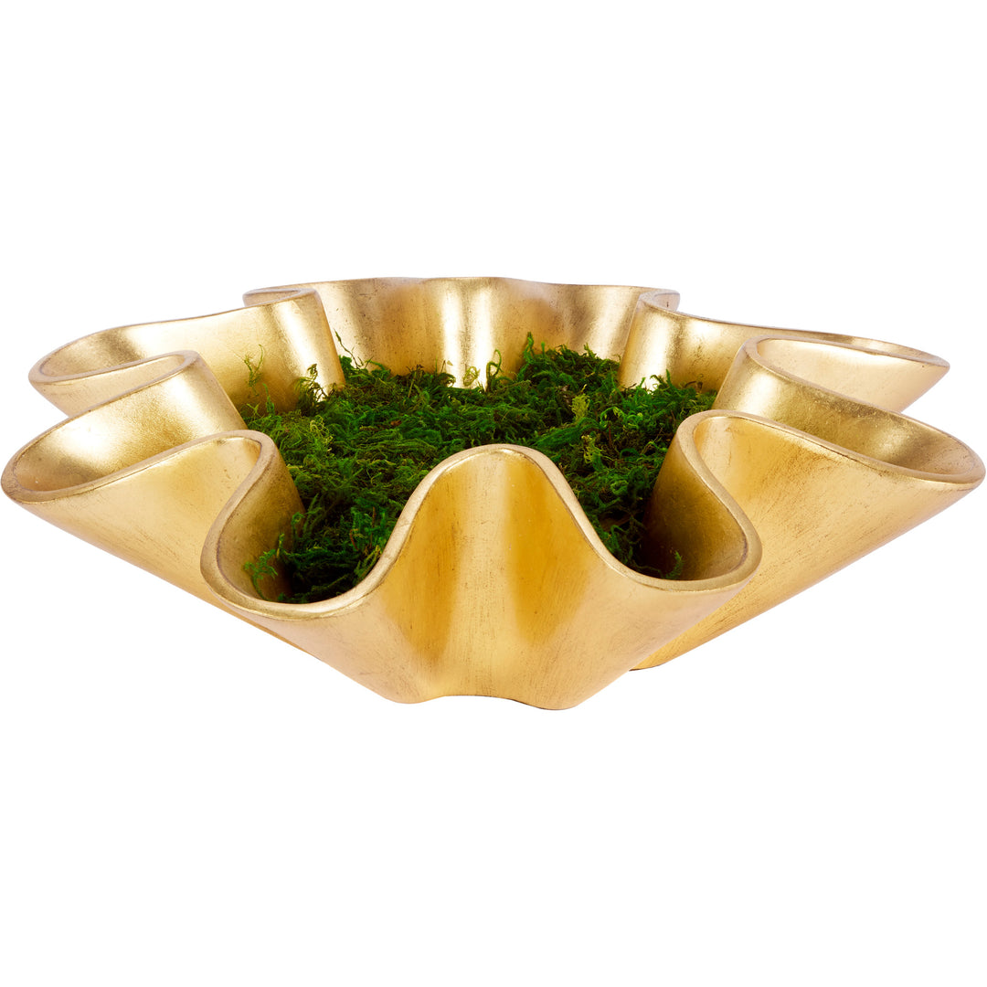 Gold leaf bowl with green moss insert and three curved gold cup sections