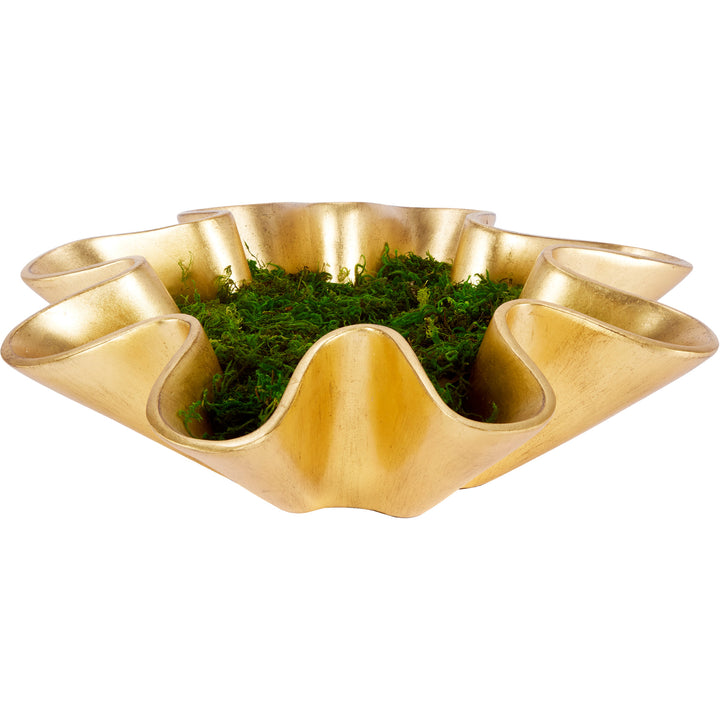 Gold leaf bowl with green moss insert and three curved gold cup sections