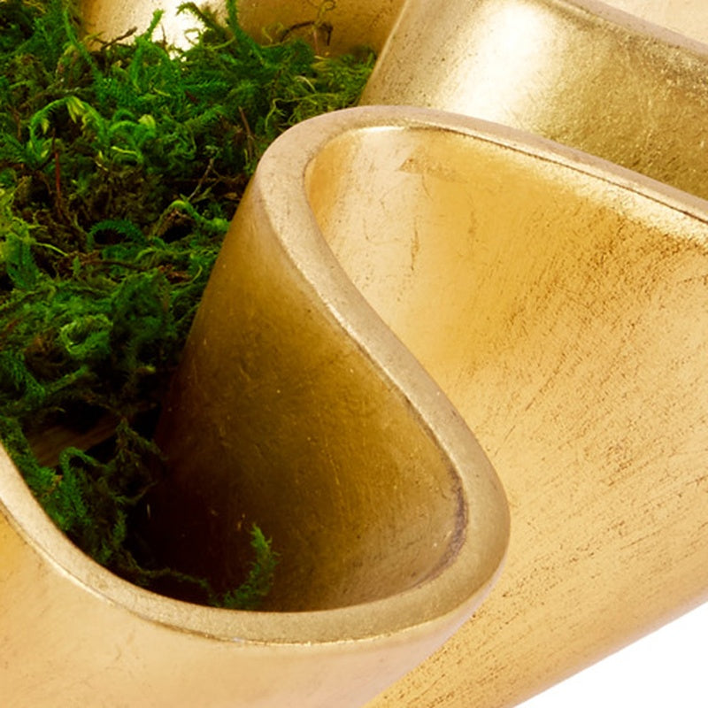 Gold leaf bowl opening with smooth gold interior and green moss on the edges