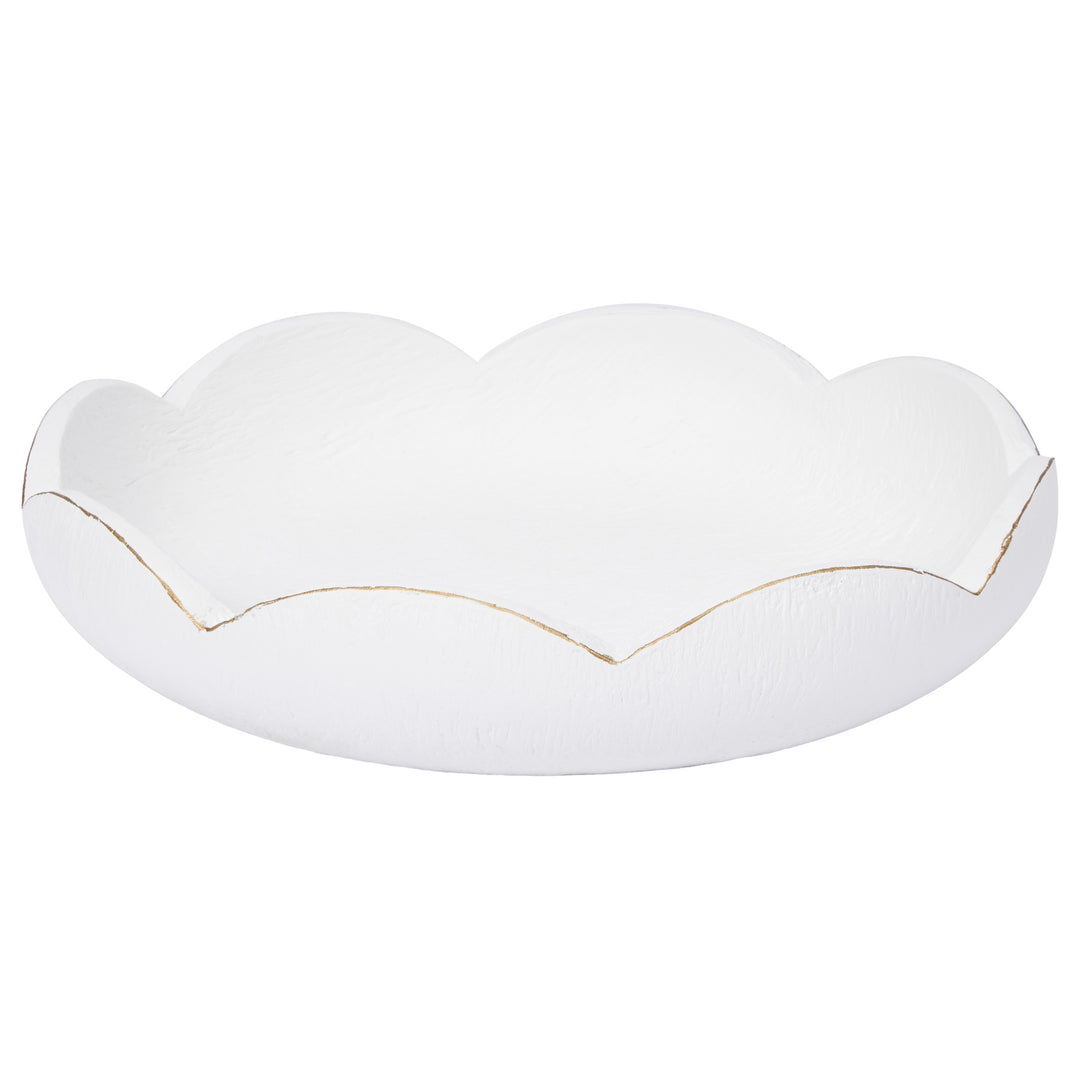 Elegant Kassie scalloped bowl in white gesso with gold accents, perfect for tabletop décor, dining, or display.