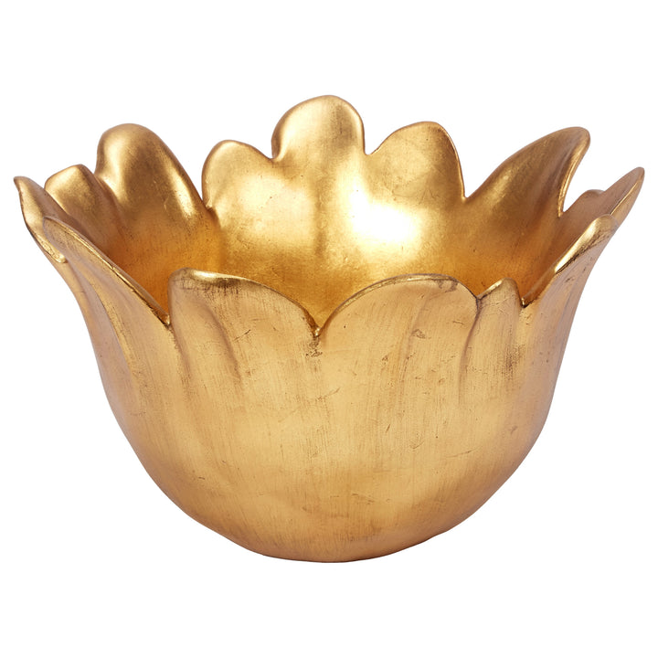 Gold leaf round decorative bowl with scalloped, petal-like rim and textured finish