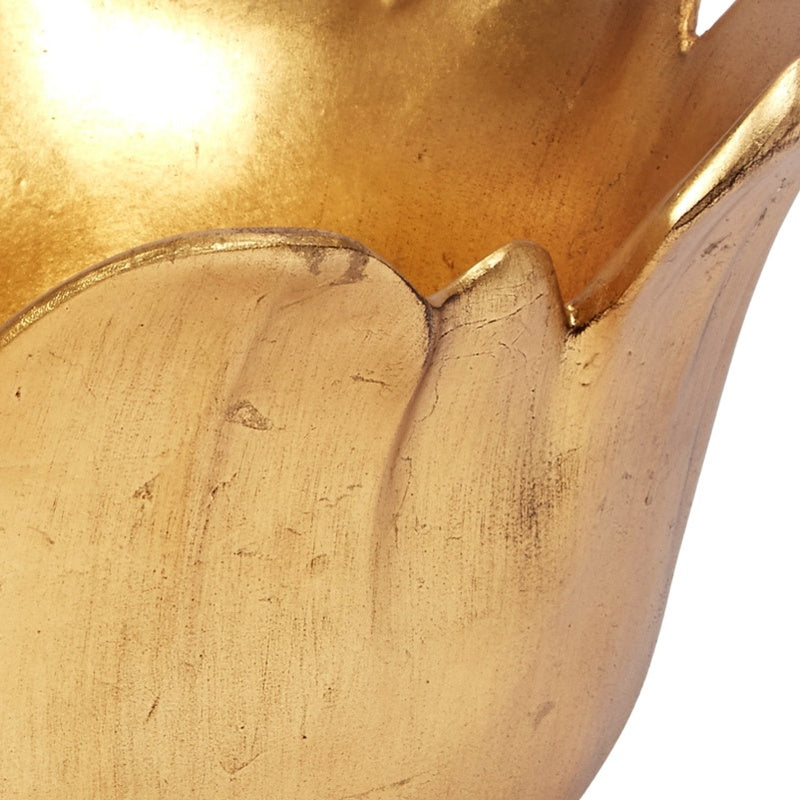 Gold leaf decorative bowl interior with scalloped rim and worn texture detail