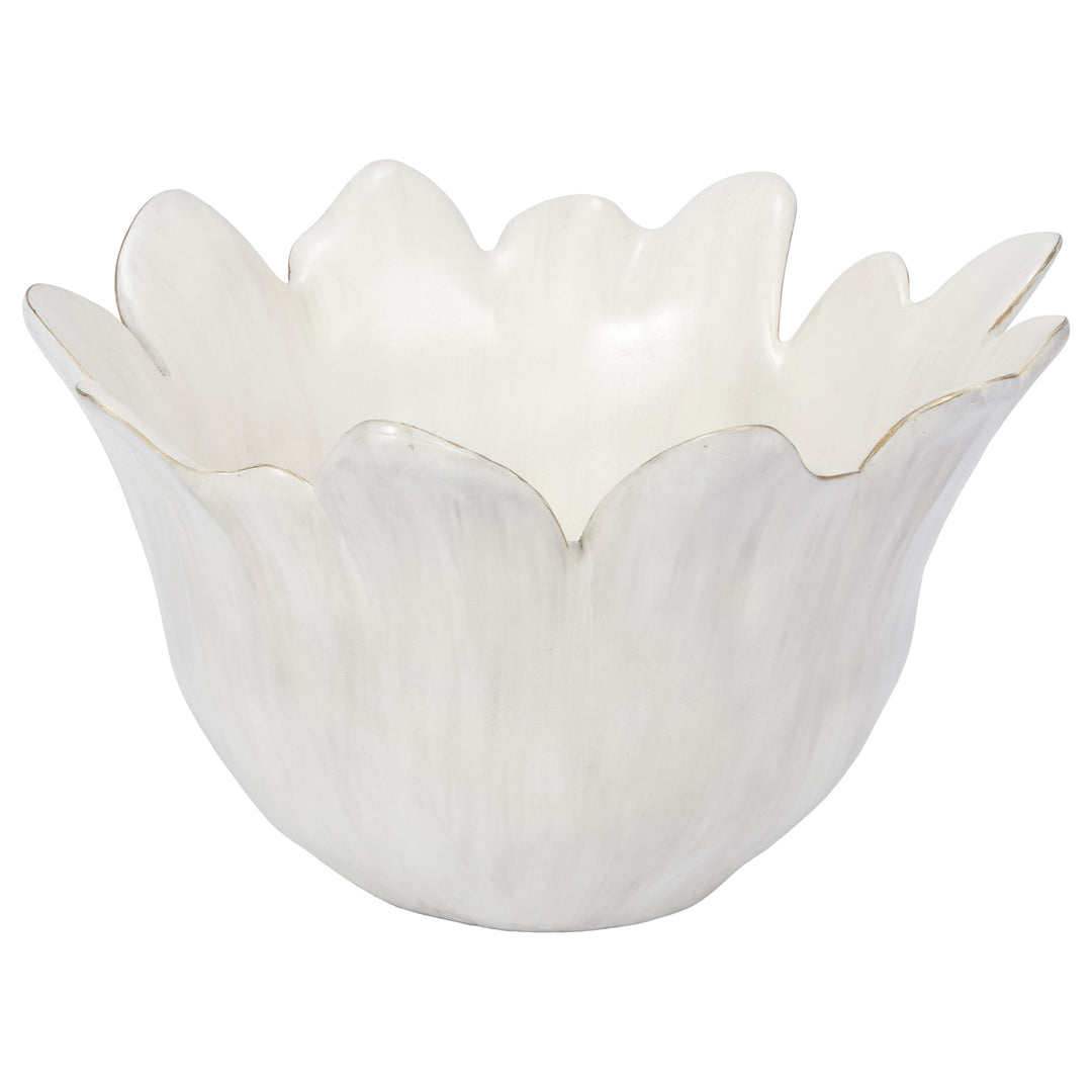 Cream decorative ceramic bowl with scalloped ruffled rim and subtle gold edge lines