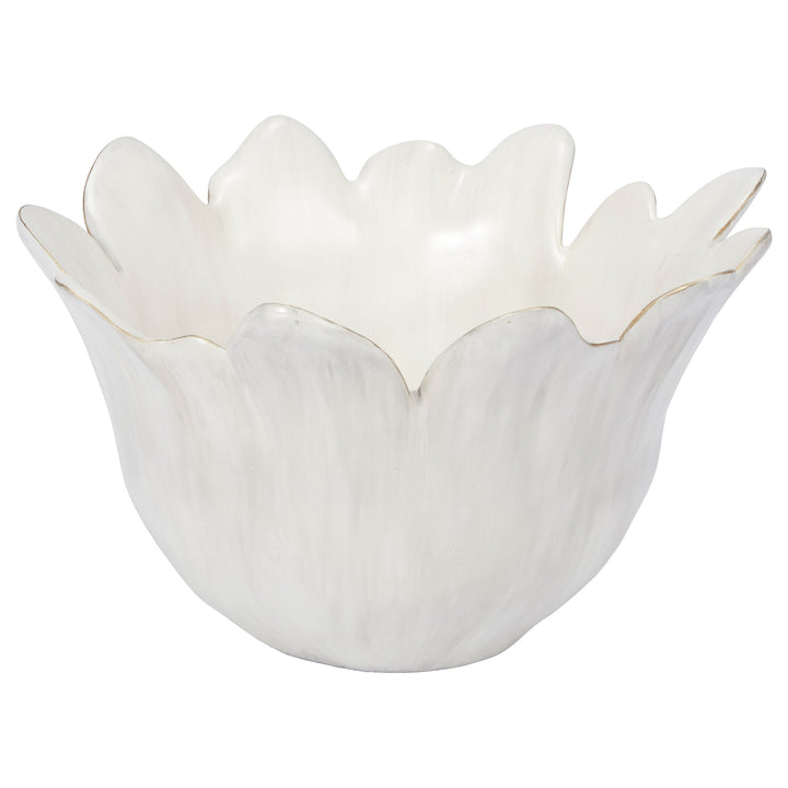 Cream decorative ceramic bowl with scalloped ruffled rim and subtle gold edge lines