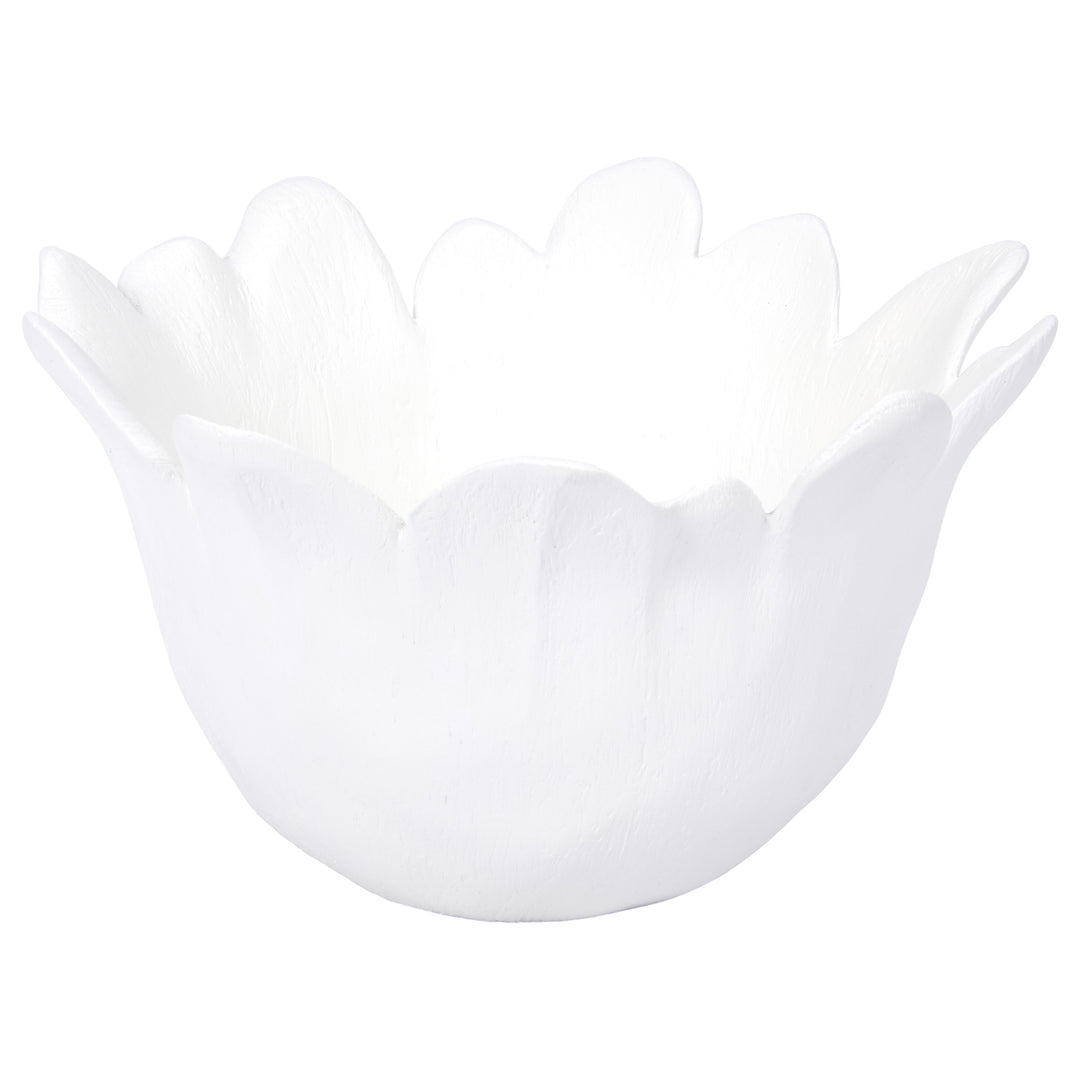 White decorative bowl with scalloped, petal-like rim