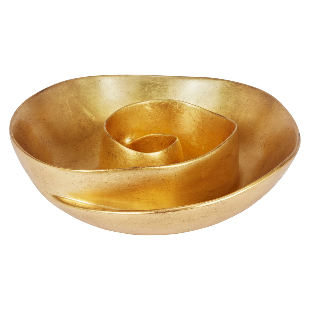 Small gold leaf swirl decorative bowl with inner cup and raised rim