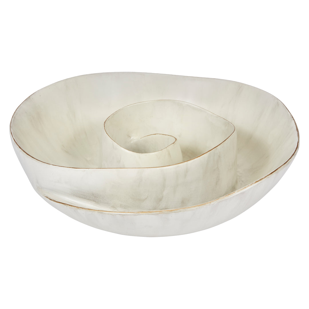 Small decorative cream bowl with gold swirl rim and glossy interior