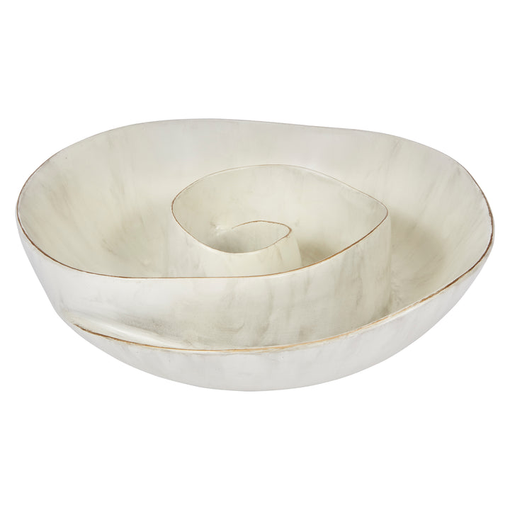 Small decorative cream bowl with gold swirl rim and glossy interior