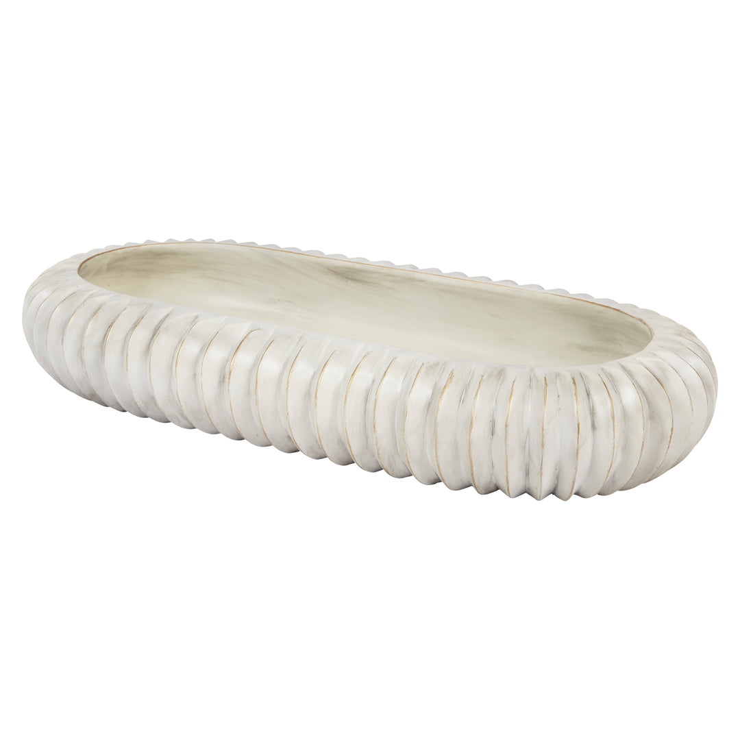 Oval ceramic serving bowl with cream finish and gold-lined ridged design