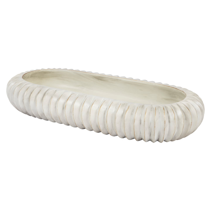 Oval ceramic serving bowl with cream finish and gold-lined ridged design