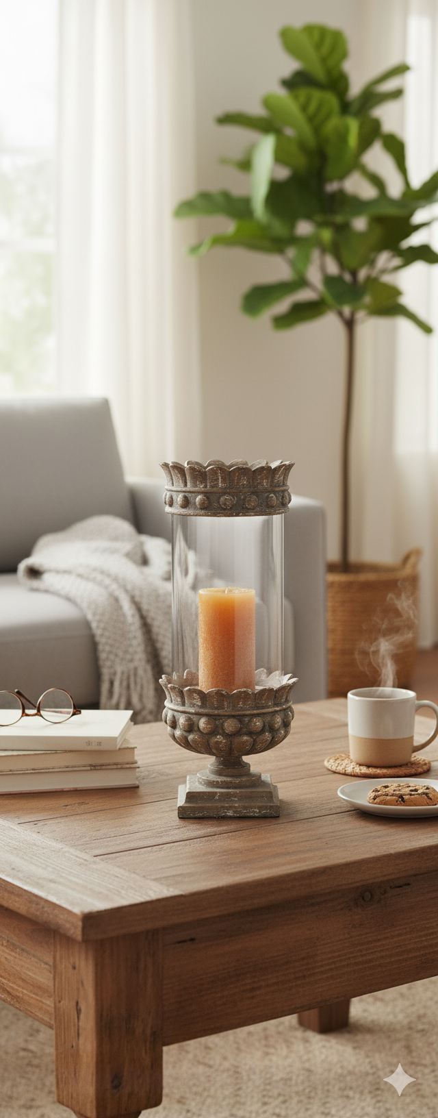 Stylish Pompeii hurricane candle holder, creating a warm and inviting atmosphere in any space.