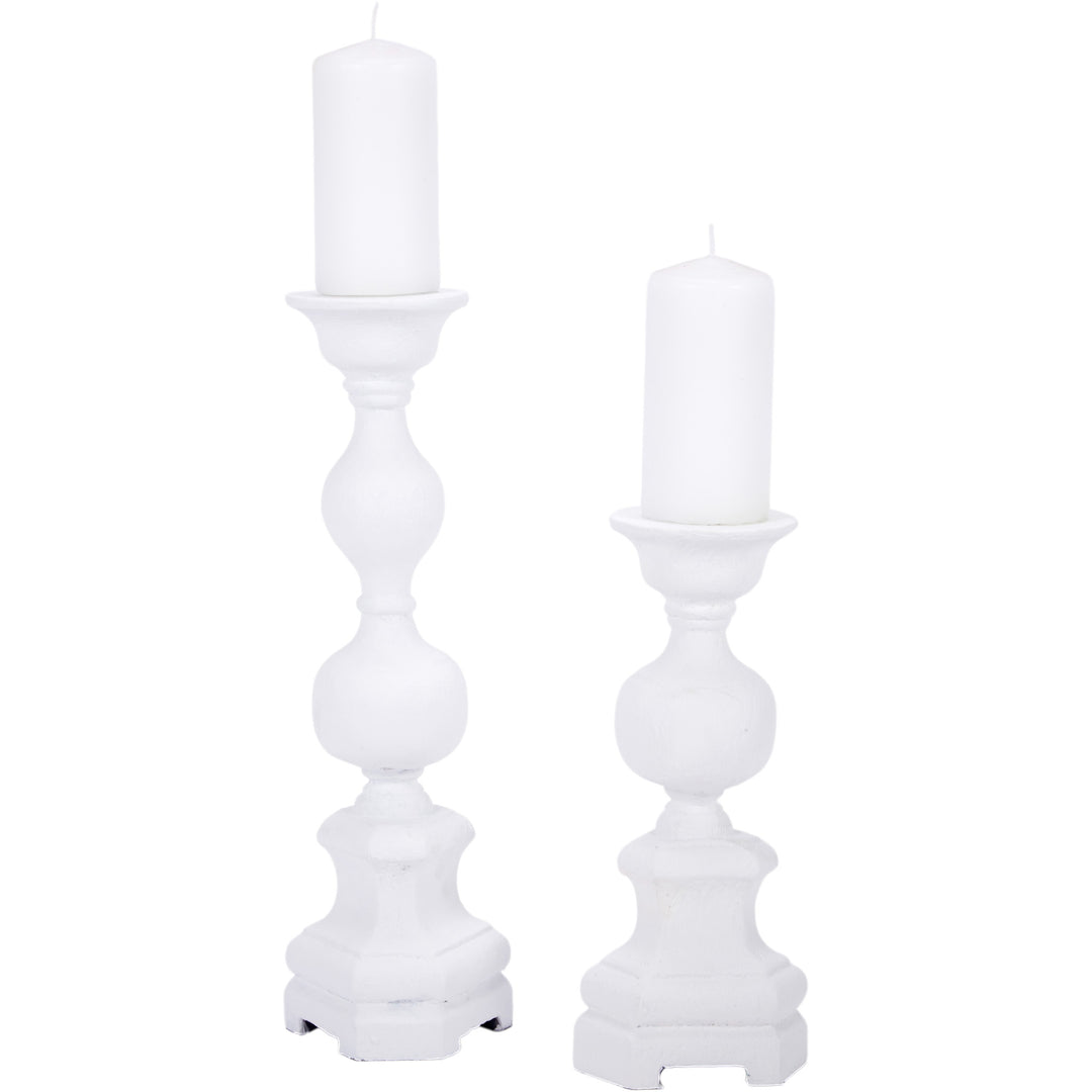 Set of Harper white gesso candle holders, perfect for mantels, dining tables, or decorative displays.