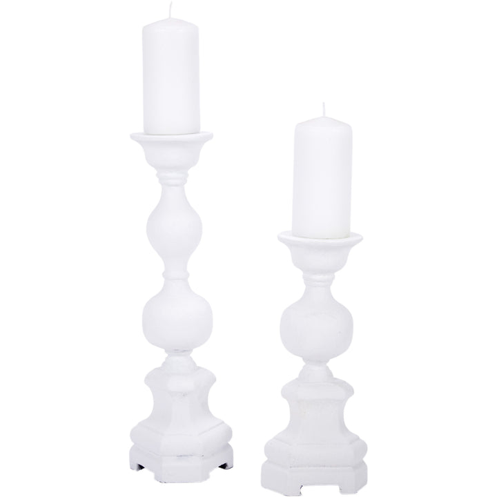 Set of Harper white gesso candle holders, perfect for mantels, dining tables, or decorative displays.