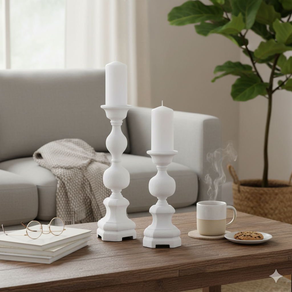 Elegant Harper white gesso candle holders, adding a classic and sophisticated touch to any space.