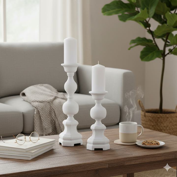 Elegant Harper white gesso candle holders, adding a classic and sophisticated touch to any space.
